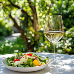 Close-up of a vibrant salad plate outdoors with fresh vegetables and a glass of white wine, capturing the essence of healthy, elegant dining al fresco.