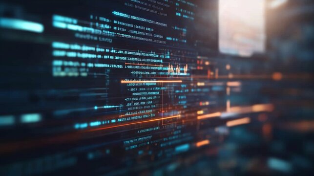 Close-up of a computer screen showing software update notification with progress bar, blurred code and technical icons, symbolizing software maintenance and security.	