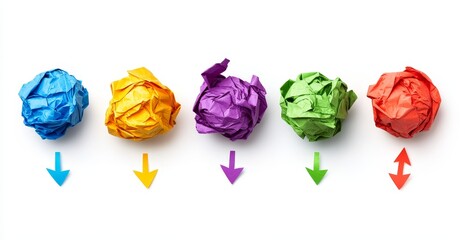 Colorful crumpled paper balls in a row with arrows indicating downward and upward trends.