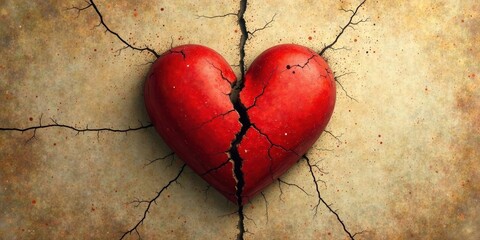 A fractured heart rests upon an aged, cracked surface, symbolizing the fragility of love and the pain of heartbreak.