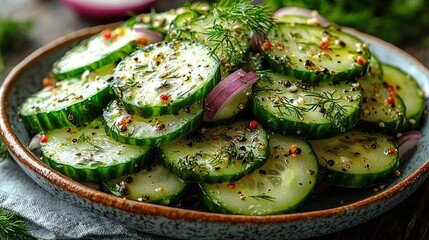   A bowl of perfectly sliced cucumbers garnished with fresh herbs and flavorful seasonings awaits your enjoyment