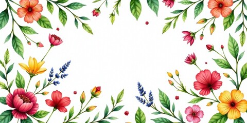 Obraz premium Vibrant Floral Border Featuring a Diverse Array of Blossoms and Lush Greenery, Ideal for Invitations, Announcements, or Decorative Purposes