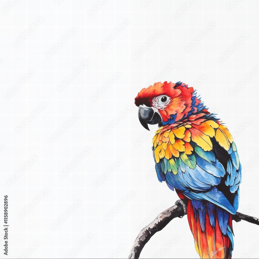 Fototapete bright parrot perched on a branch with vibrant colors and ample space for design elements. generativ