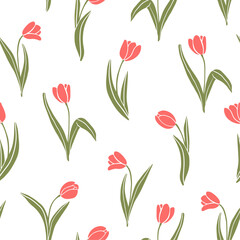 Obraz premium Seamless pattern with red tulips, spring flowers background for woman`s day, valentine day