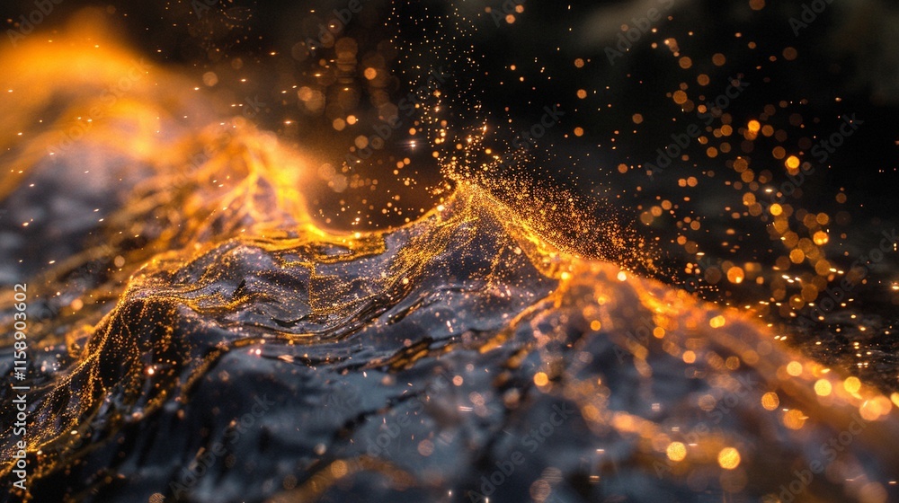 Poster fiery particles on flowing water surface closeup image. dynamic scene of glowing orange luminescent 