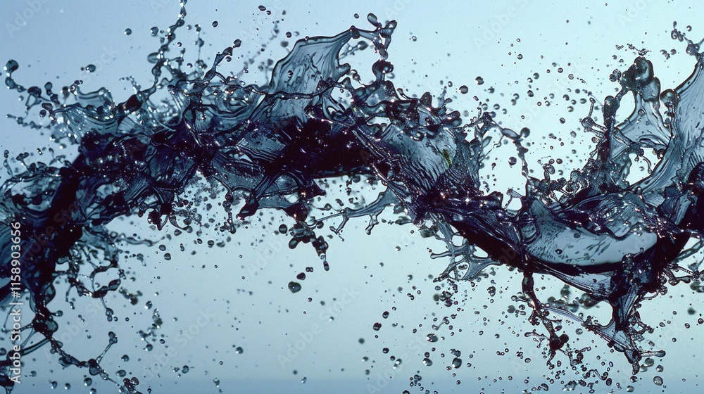 Poster mid-air water splash freeze with droplets scattered 3d rendering image. fluidity and motion liquid b