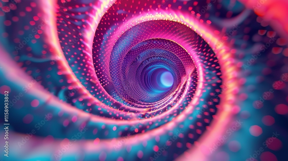 Poster dotted neon spiral dynamic tunnel with bright pink light 3d rendering image. energetic inward swirl 
