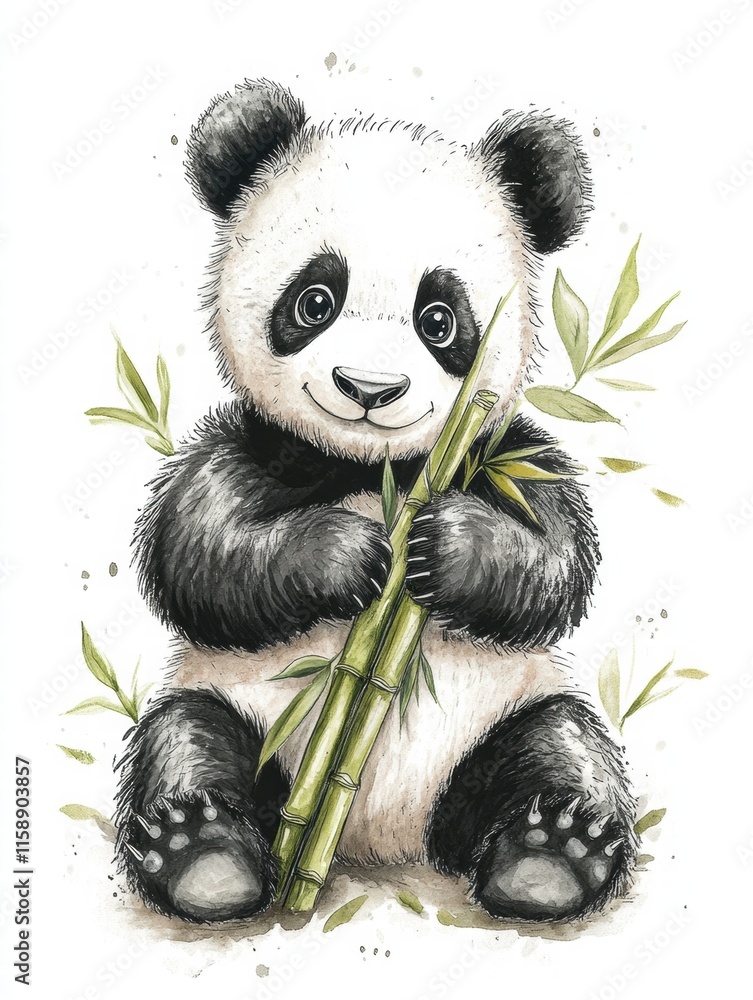 Leinwandbilder cute panda holding bamboo with empty space for text in a playful and adorable style. generative ai