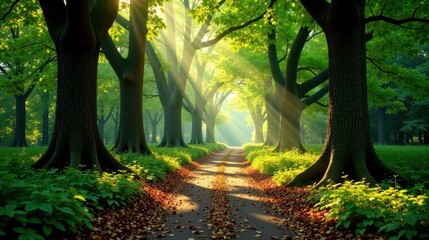Obraz premium Sunlit Path Through a Majestic Forest of Ancient Trees with a Carpet of Autumn Leaves