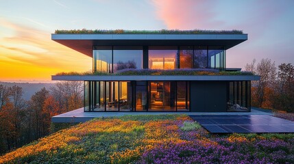 Fototapeta premium Modern office building with a green roof and solar panels for sustainability