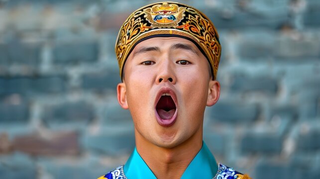 Young Man Performing Traditional Cultural Song with Passion