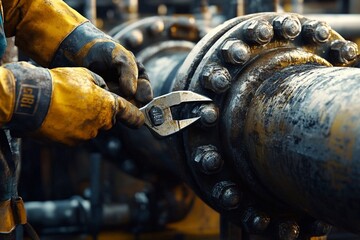 Worker using a wrench to secure valves on a gas pipeline