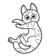 Cute cartoon kitten lying stretched out to his full height outlined for coloring page on white background