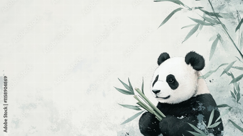 Poster Panda joyfully holding bamboo in a serene setting with ample space for personalized text or messages. Generative AI