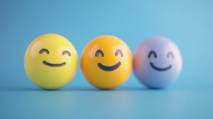 Three smiley balls expressing happiness on blue background