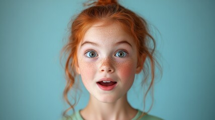A joyful girl with red hair and Russian features, looking directly at the camera with a delighted and surprised expression