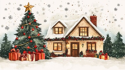 Fototapeta premium Cozy snow-covered cottage with christmas tree and gifts in winter wonderland. Merry Christmas. Happy New Year