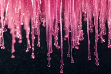 Fototapeta premium Pink glistening strands dripping downward forming droplets