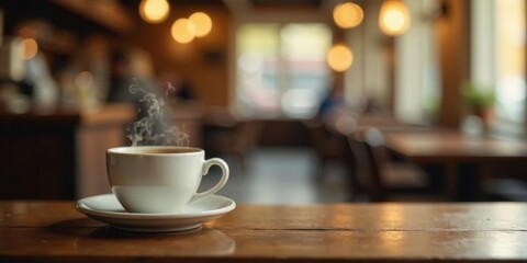 Aromatic Steam Rising from a Warm Mug of Coffee on a Rustic Wooden Table in a Cozy Cafe