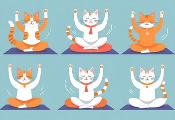 Cats practice yoga together in a playful and serene indoor setting surrounded by soft colors