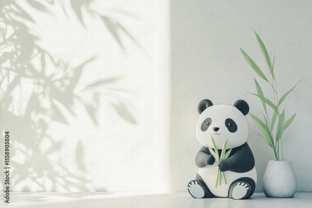 Poster cute panda holding bamboo in bright setting with copy space for text and bamboo plant nearby. genera
