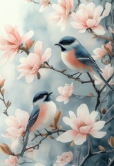 Watercolor, two birds sitting on a flowering branch.