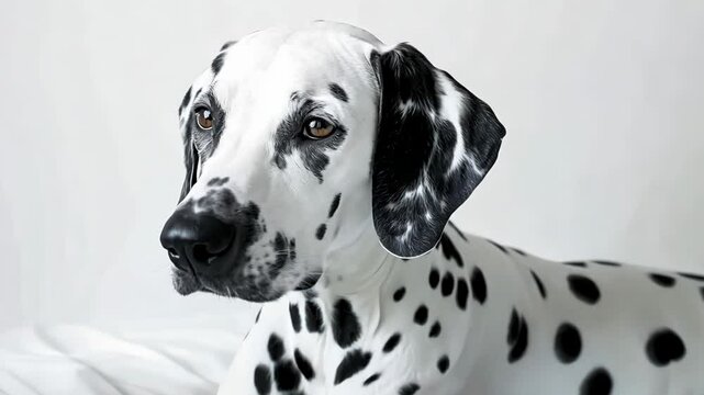 Playful dalmatian on white bed posing and resting in bright room