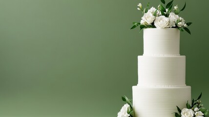 Create a mockup of a tall wedding cake with 3 or 4 tiers in white color. add waffle or rice paper decor. the cake should be tender and airy