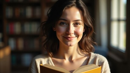 A young woman with a warm smile holds an open book, bathed in the golden light of a sunlit room. Her dark hair frames her face, creating a cozy and inviting atmosphere.