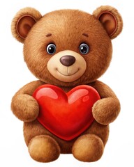 Obraz premium Brown smiling cute romantic Teddy Bear holding red Heart on white background, concept of love, Valentine's Day, gifts