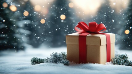 Festive gift box in snowy forest with red ribbon and pine trees. Merry Christmas. Happy New Year