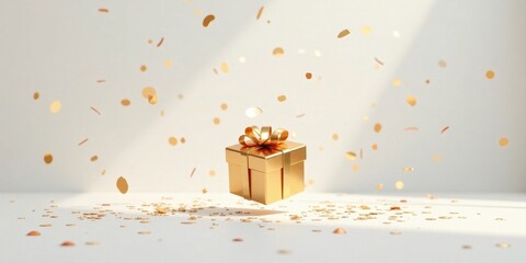 A golden gift box floats amidst celebratory confetti, a symbol of joyous occasion and festive cheer
