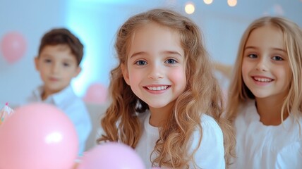 Group of happy children celebrating birthday party with pink balloons