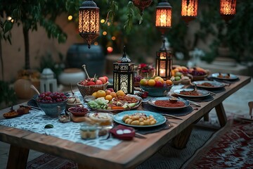 A dining table set for iftar, with lanterns hanging above, surrounded by fruits and geometric patterns in an Arabic home interior. The scene is bathed in warm light from the lamp.