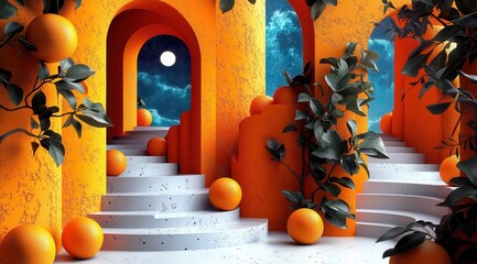 A staircase with arches in an orange theme with balls and greenery.