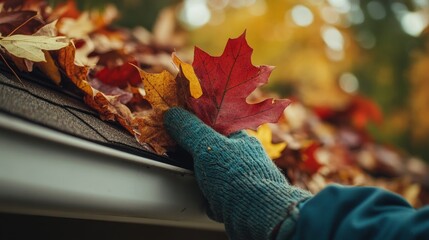 Autumn leaves on roof, fall foliage, vibrant colors, seasonal nature, hand holding leaf, cozy scene, outdoor close-up, autumn vibes