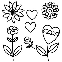 Hand-Drawn Floral and Heart Doodle Set in Black and White, Cute Flower and Heart Outline Vector Design Collection, Simple Black and White Floral and Heart Sketch Set, Whimsical Flower and Heart Doodle