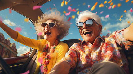 generated illustration of older fun couple having fun together on vacation by traveling in a car.