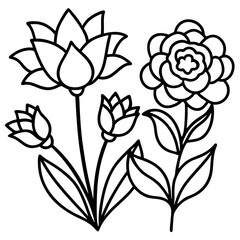 Hand-Drawn Floral and Heart Doodle Set in Black and White, Cute Flower and Heart Outline Vector Design Collection, Simple Black and White Floral and Heart Sketch Set, Whimsical Flower and Heart Doodle