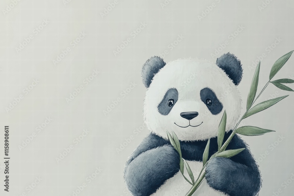 Poster Cute panda holding bamboo with soft background perfect for text placement in a serene setting. Generative AI