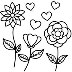 Hand-Drawn Floral and Heart Doodle Set in Black and White, Cute Flower and Heart Outline Vector Design Collection, Simple Black and White Floral and Heart Sketch Set, Whimsical Flower and Heart Doodle