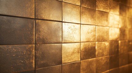 Naklejka premium Warm Golden Light Reflecting on Textured Tile Wall, Golden Tile Wall Background, Elegant Wall Pattern