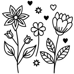 Hand-Drawn Floral and Heart Doodle Set in Black and White, Cute Flower and Heart Outline Vector Design Collection, Simple Black and White Floral and Heart Sketch Set, Whimsical Flower and Heart Doodle