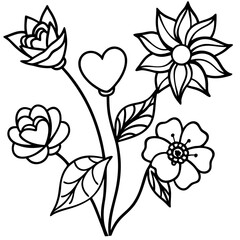 Hand-Drawn Floral and Heart Doodle Set in Black and White, Cute Flower and Heart Outline Vector Design Collection, Simple Black and White Floral and Heart Sketch Set, Whimsical Flower and Heart Doodle
