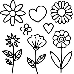 Hand-Drawn Floral and Heart Doodle Set in Black and White, Cute Flower and Heart Outline Vector Design Collection, Simple Black and White Floral and Heart Sketch Set, Whimsical Flower and Heart Doodle