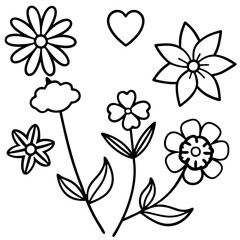 Hand-Drawn Floral and Heart Doodle Set in Black and White, Cute Flower and Heart Outline Vector Design Collection, Simple Black and White Floral and Heart Sketch Set, Whimsical Flower and Heart Doodle