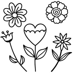 Hand-Drawn Floral and Heart Doodle Set in Black and White, Cute Flower and Heart Outline Vector Design Collection, Simple Black and White Floral and Heart Sketch Set, Whimsical Flower and Heart Doodle
