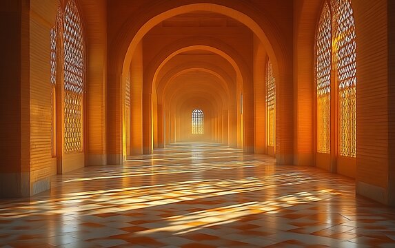 Sunlit orange hallway with arches and patterned floor.