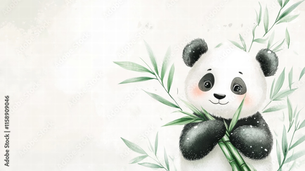 Poster cute panda joyfully holding bamboo with a soft background and space for text. generative ai