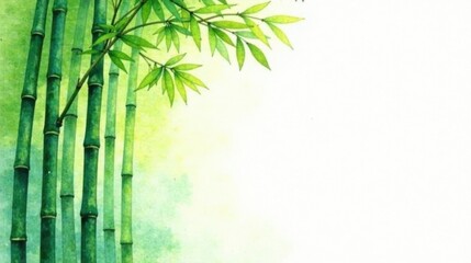 Serene Watercolor Painting of Bamboo Stalks and Lush Green Leaves on White Background